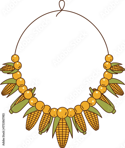 A charming vector illustration of a necklace crafted from round orange beads and stylized corn cobs with green husks, forming a festive and unique accessory in a clean, cartoonish style.