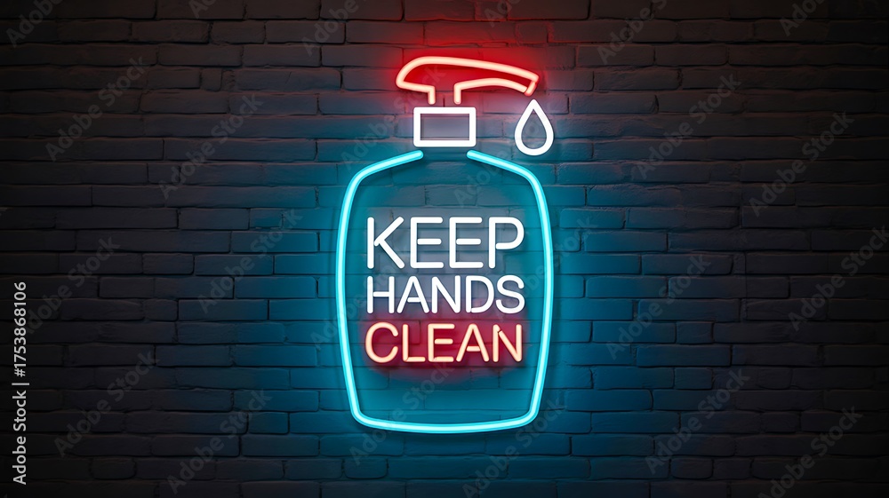 Fototapeta premium Keep hands clean neon sign glowing with blue and red lights on dark wall