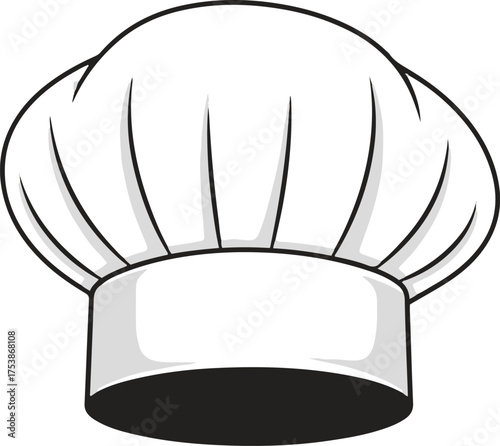 A classic vector illustration of a traditional white chef's hat (toque blanche) with a black band, featuring soft pleats and a rounded top, rendered in a clean, cartoonish style suitable for culinary 