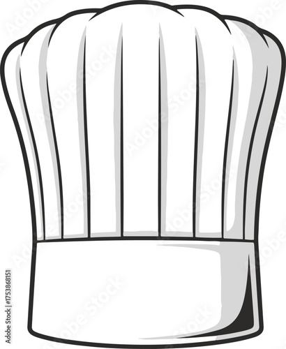 A classic vector illustration of a traditional tall, pleated white chef's hat (toque blanche) with a clean white band, rendered with simple shading in a crisp, cartoonish style for culinary concepts.