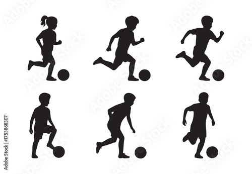 set of six kid play soccer silhouette vector. silhouettes of children playing soccer