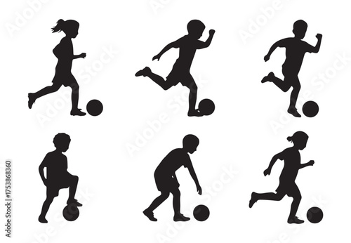 set of six kid play soccer silhouette vector. silhouettes of children playing soccer