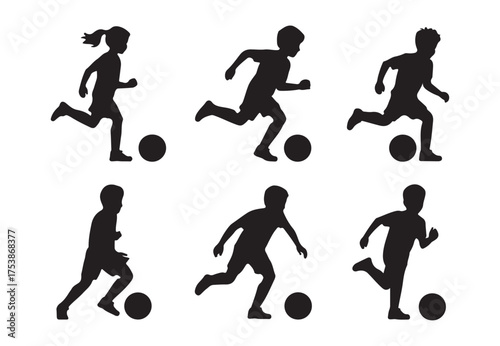 set of six kid play soccer silhouette vector. silhouettes of children playing soccer
