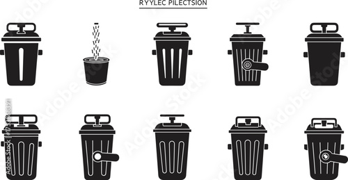 Kitchen waste bin silhouette vector set, black and white garbage container icon collection, household trash can illustration for recycling design
