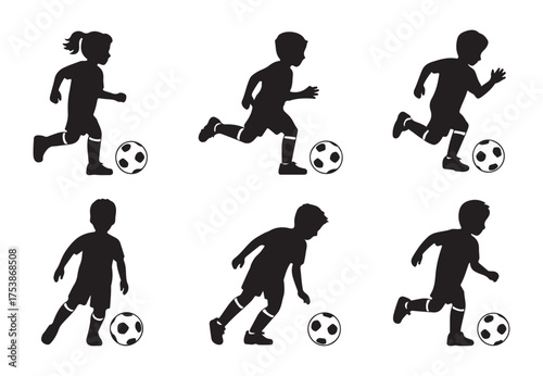 set of six kid play soccer silhouette vector. silhouettes of children playing soccer