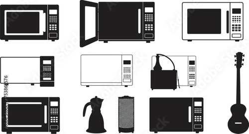 Microwave oven, kitchen appliance, electric kettle, cheese grater, and acoustic guitar silhouette vector set, black and white illustration design