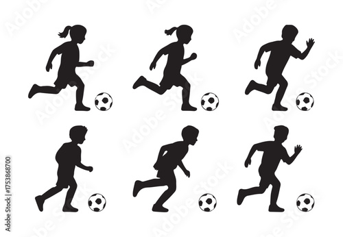 set of six kid play soccer silhouette vector. silhouettes of children playing soccer