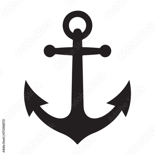 Bold black anchor silhouette icon on white background, nautical maritime symbol vector illustration