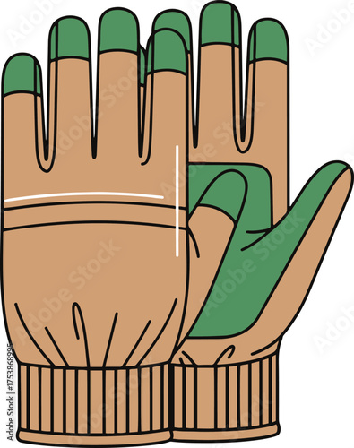 A pair of light brown and green outdoor gloves, featuring reinforced fingertips and a ribbed wrist cuff, depicted as a simple vector illustration.

