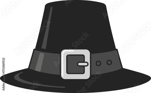 Fotografie A flat, dark gray vector illustration of a Pilgrim hat featuring a tall, conical crown, a wide brim, and a lighter gray band with a prominent white buckle