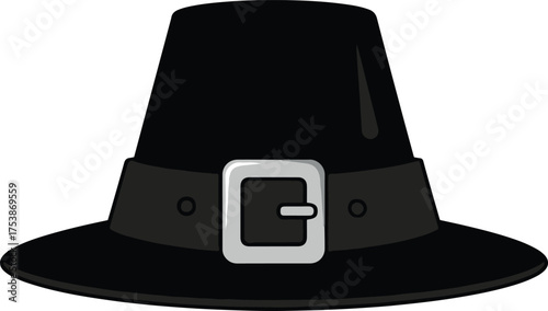 A flat, dark gray vector illustration of a Pilgrim hat featuring a tall, conical crown, a wide brim, and a lighter gray band with a prominent white buckle.