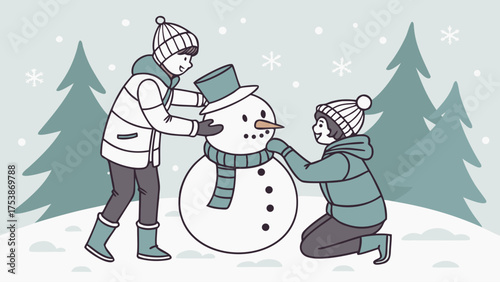 Two children building a snowman together in a snowy landscape with pine trees and falling snowflakes