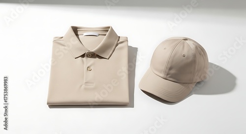 Folded Beige Polo Shirt and Matching Baseball Cap Display.