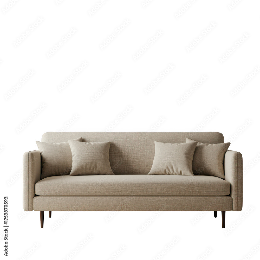 Fototapeta premium Modern beige sofa with pillows isolated on transparent background