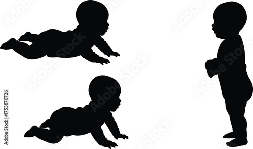 Baby silhouette vector set, crawling and standing poses, infant development illustration, black figure graphic, child growth stages for stock content use