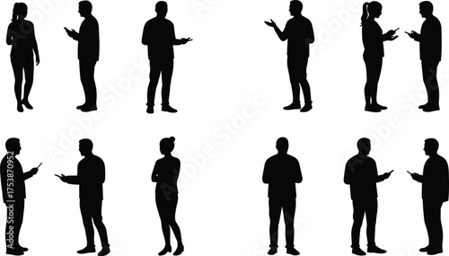  Business people silhouettes communicating, team discussion poses, professional conversation, 