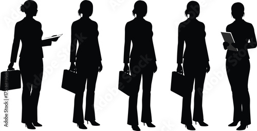  Businesswoman silhouette set, professional woman holding briefcase and tablet, office worker vector illustration, corporate people concept, business posture black artwork