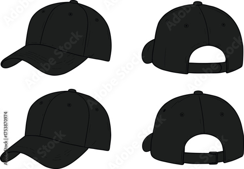  Black baseball cap vector illustration, front and back view, blank hat design template, sportswear fashion accessory, adjustable strapback headwear mockup