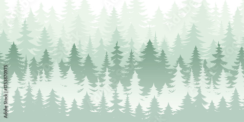 Forest and taiga in morning fog, dawn light, misty forest, seamless border, vector illustration