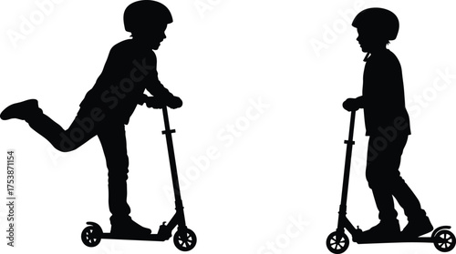  Child silhouette on scooter, outdoor activity, helmet safety, riding posture, playtime motion, black vector illustration, kids exercise, three-wheel scooter pose