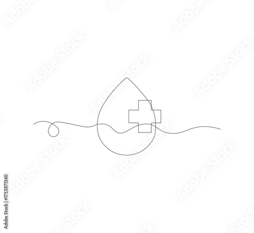Continuous line drawing of blood drop. Blood drop line icon. Health one line drawing background. White background. Vector illustration. Blood drop icon line art
