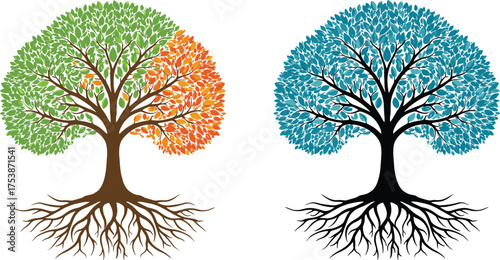 Colorful tree illustration with roots, abstract nature vector design, green orange blue seasonal tree art symbolizing growth, life, environment, and nature balance