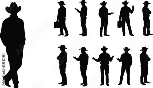  Cowboy silhouette vector set, standing and gesture poses, Western character illustration, black figure graphic, ranch style icons for stock content use