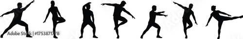  Dance movement silhouettes, athletic poses vector, black figures on white background, expressive body motion, physical balance illustration, choreography concept, fitness art design
