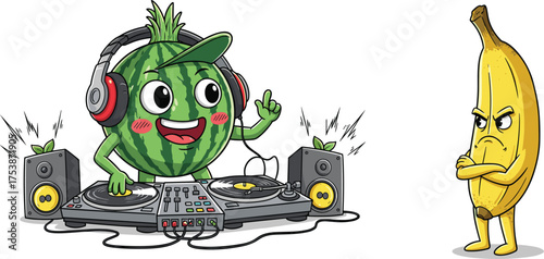 Funny watermelon DJ playing music with headphones and turntable, angry banana character watching, cartoon fruit party vector illustration