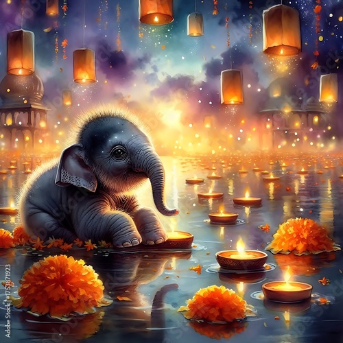 baby elephant in diwali celebration background