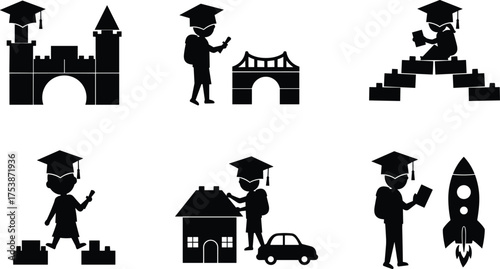 Graduation student silhouette with education success, learning growth, knowledge building, career achievement, innovation, architecture, creativity, and future development icons