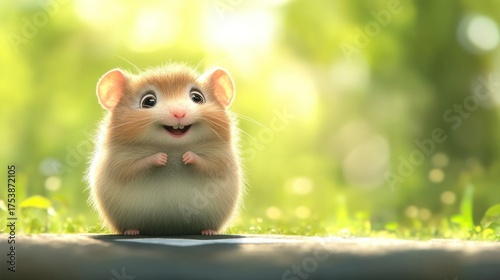 Happy cartoon mouse sitting in sunny green grass.