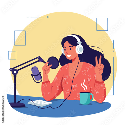 Energetic female podcaster with microphone stand and peace sign