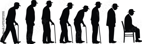 Elderly man aging progression, silhouette sequence, physical decline, cane support, senior mobility, aging stages, medical concept, vector illustration, black icons
