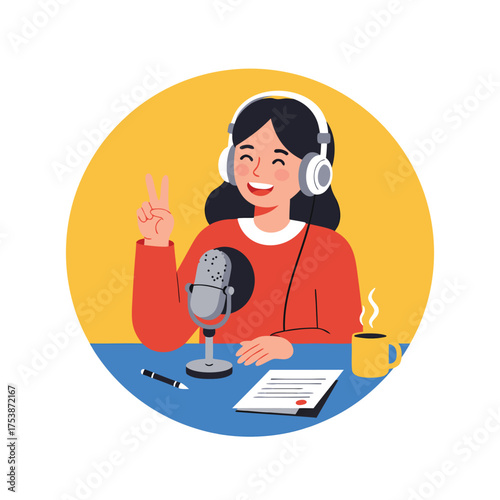 Smiling female podcaster with retro microphone and peace sign