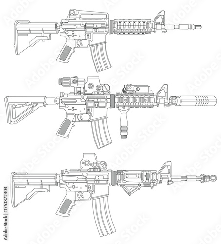 Set of army assault rifles line art illustration