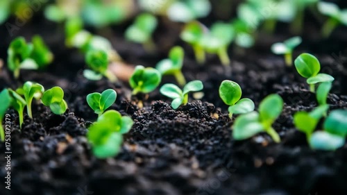 Young seedlings emerging from fertile dark soil in spring sunlight.
