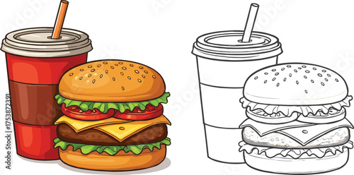  Fast food burger and drink illustration, colorful and outline vector, delicious hamburger meal with soda cup, restaurant snack design concept