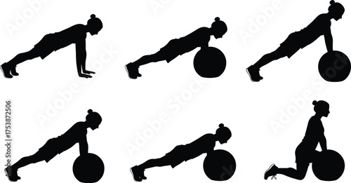  Fitness ball workout silhouette vector, woman exercise poses collection, stability training illustration, gym balance routine concept, core strength workout design art