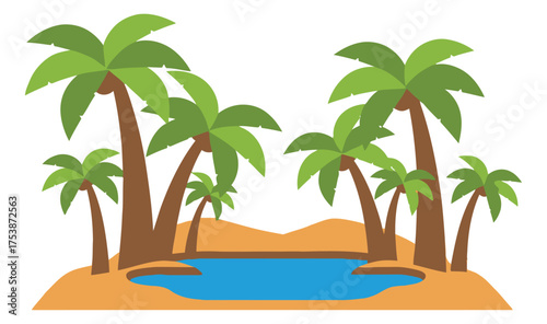 Cartoon tropical island oasis with palm trees and a small blue lagoon.