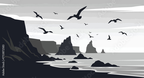 Coastal Cliffs and Soaring Birds A Monochrome Seascape with Rocky Outcrops.