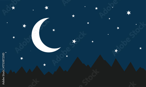 Crescent Moon and Stars Above Silhouetted Mountain Range at Night.