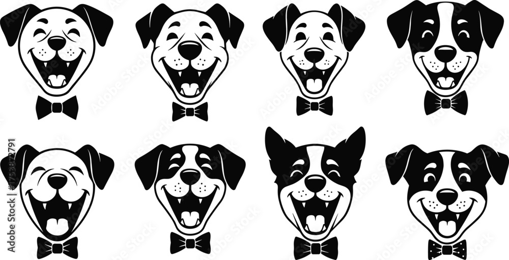 Naklejka premium Happy dog face illustration, cartoon style, black and white sketch, bow tie dogs, cheerful expression, pet character design, cute art