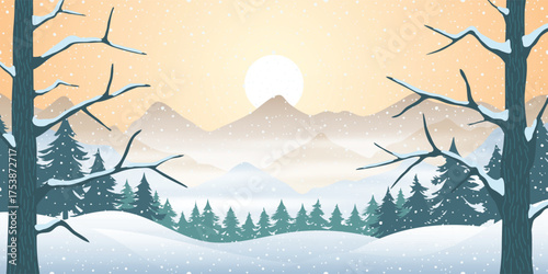Winter evening landscape, mountain view, forest and snowfall, setting sun, cartoon nature, vector illustration