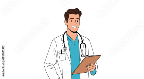 A friendly smiling doctor in a white coat holds a clipboard and a stethoscope around his neck ready to provide medical assistance and care.