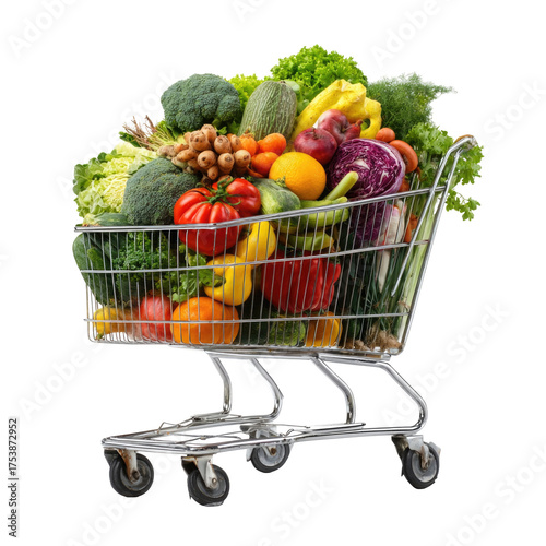 Abundant shopping cart overflowing with a vibrant assortment of fresh healthy vegetables