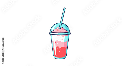 A refreshing cold strawberry smoothie with layers of pink and blue colors served in a clear plastic cup with a straw.