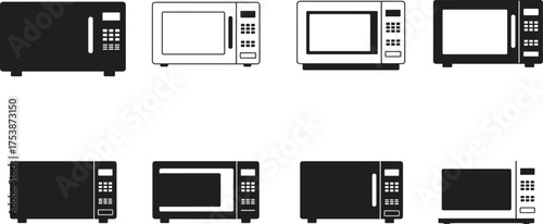 Microwave oven silhouette vector set, kitchen appliance illustration, modern cooking equipment design for household, restaurant, and culinary concept