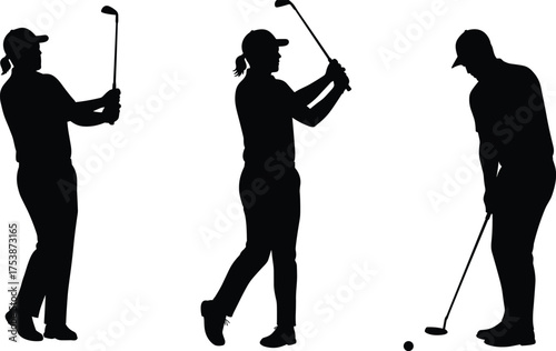 Golf silhouette vector set, club swinging and putting poses, athletic posture illustration, black figure graphic, sports movement for stock content use