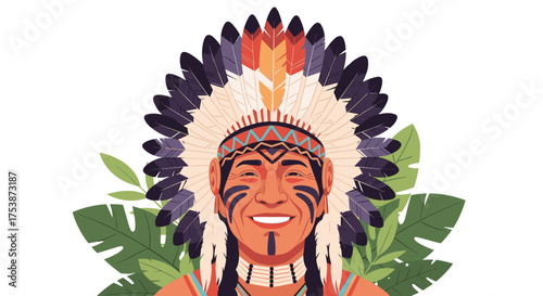 A joyful indigenous man wearing a feathered headdress and tribal face paint stands among lush green foliage.